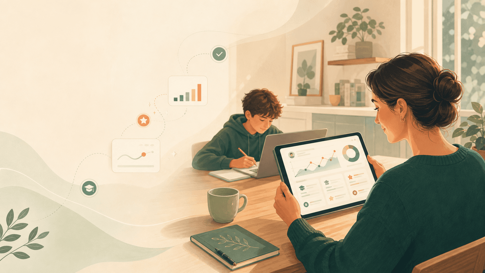 Illustration of a parent reviewing StudyRoom progress while a child studies nearby