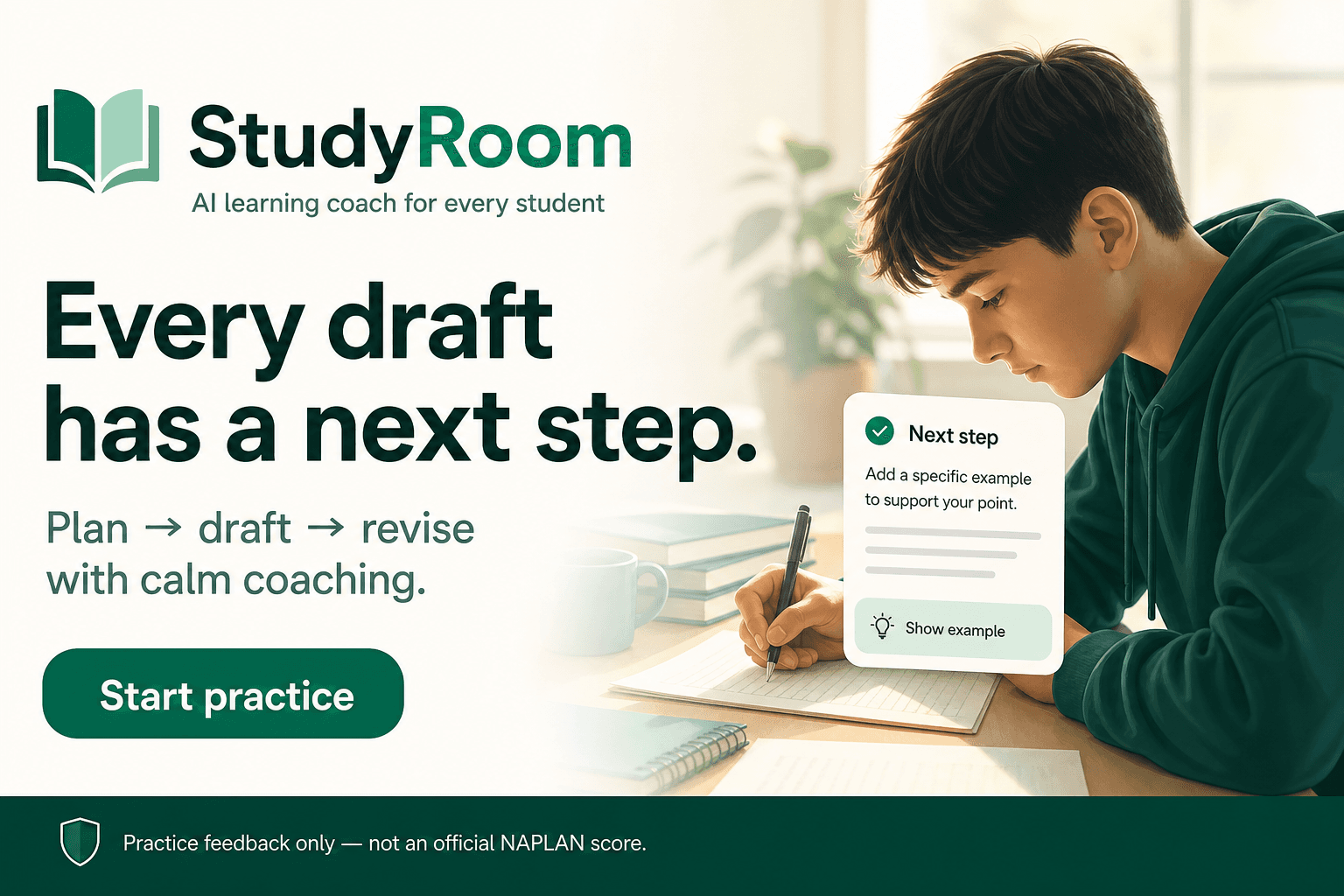 StudyRoom next-step writing practice — plan, draft, revise with calm coaching