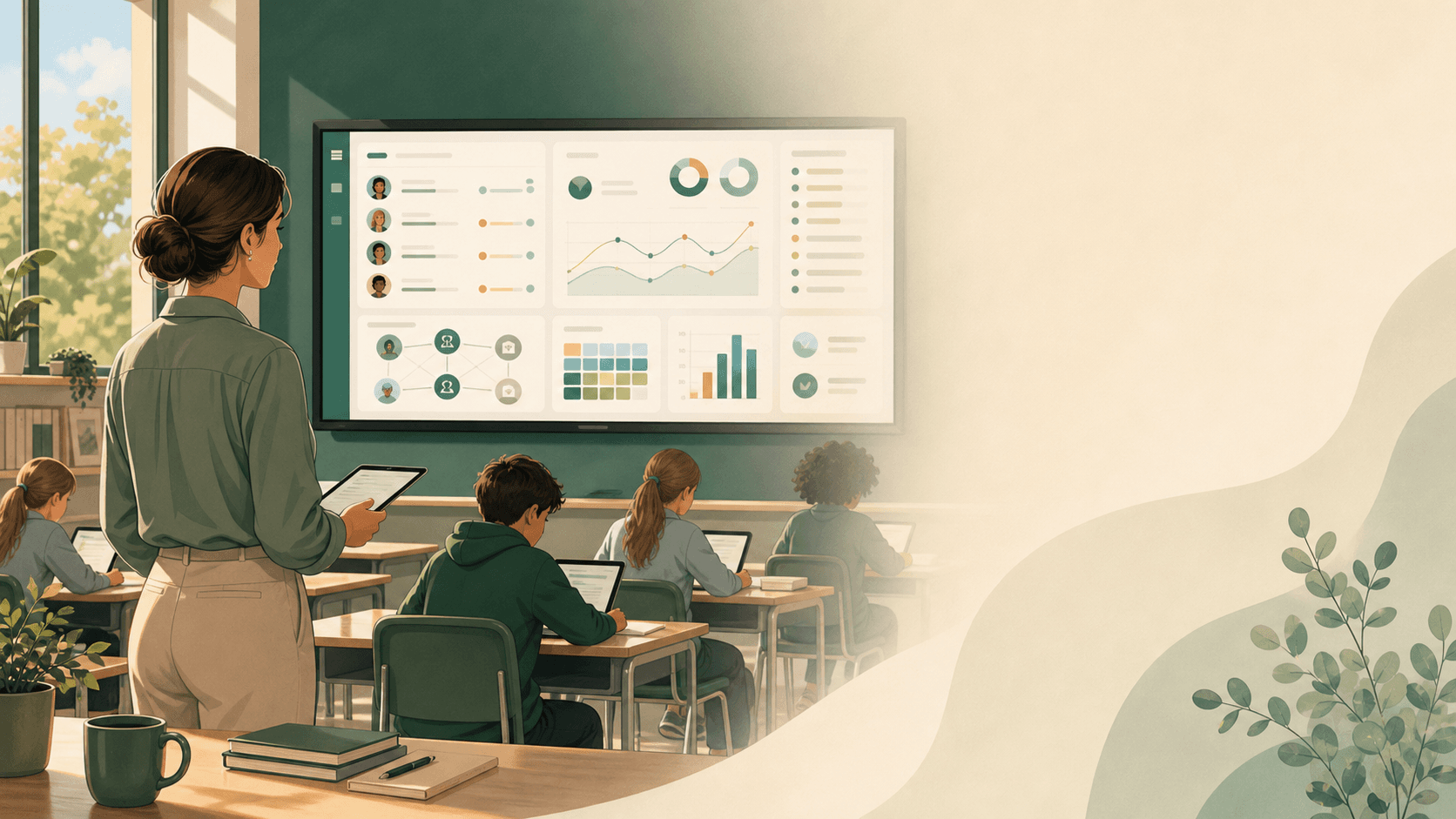 Illustration of a teacher reviewing a StudyRoom class dashboard