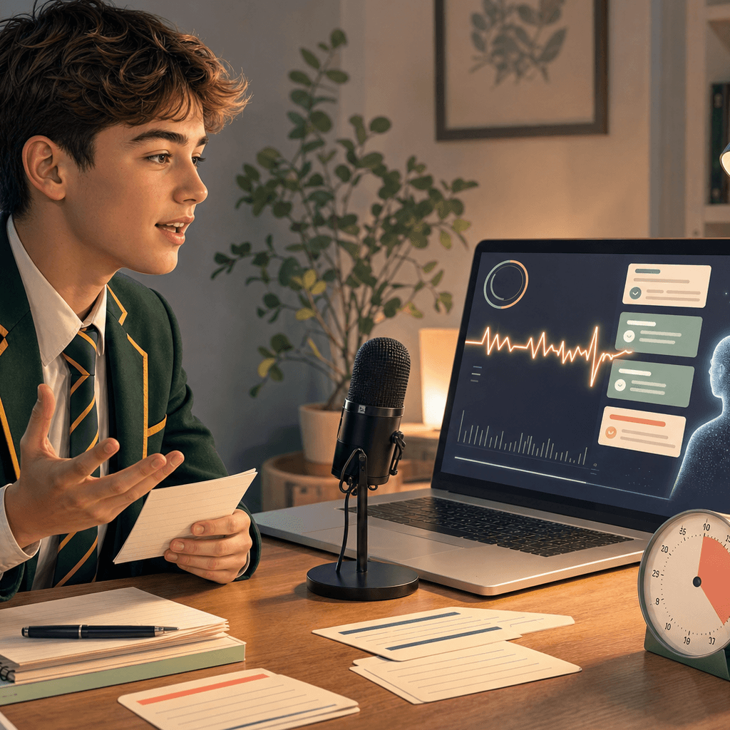 Student practising a debate speech with AI rehearsal support