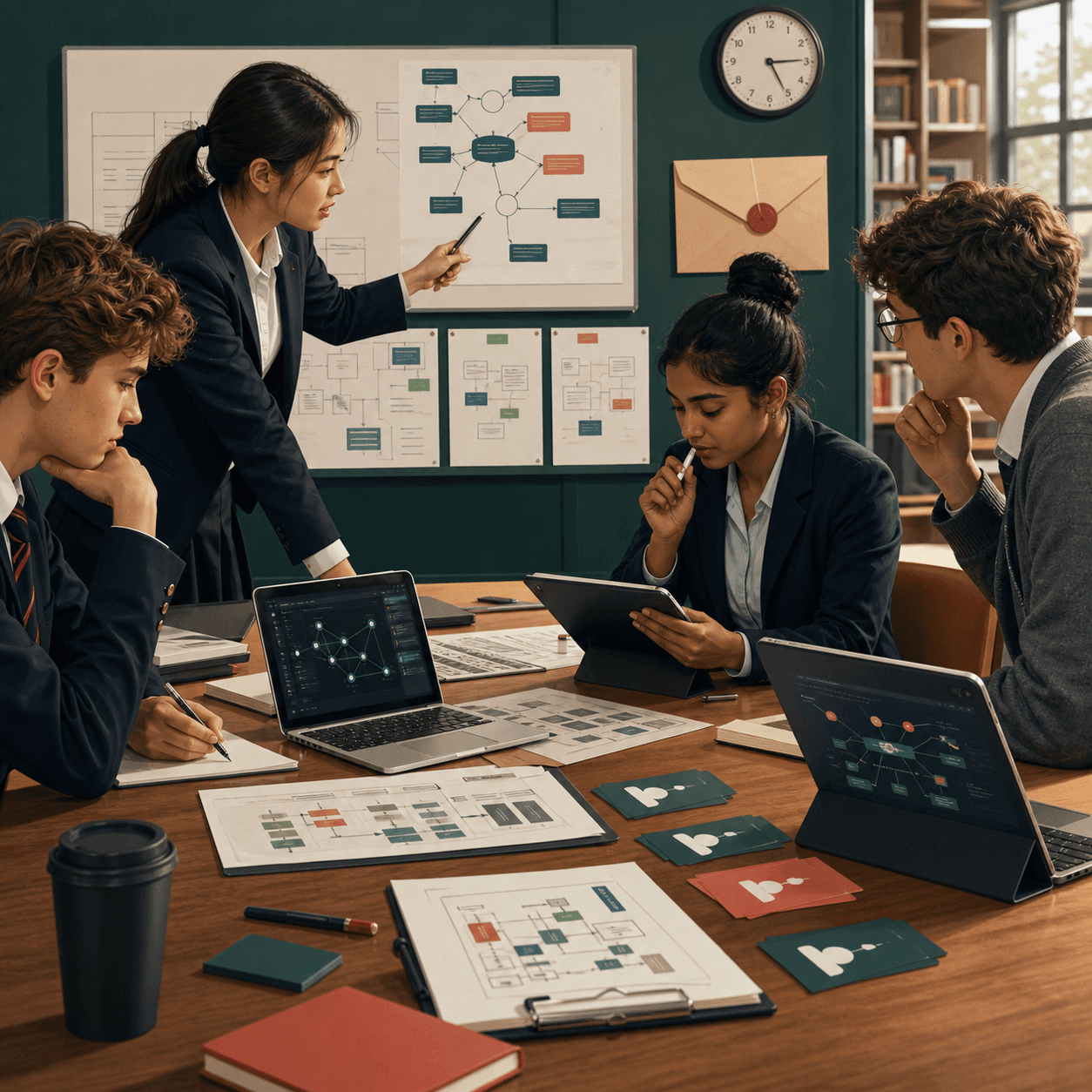 Students preparing for a debating competition with notes and AI planning tools